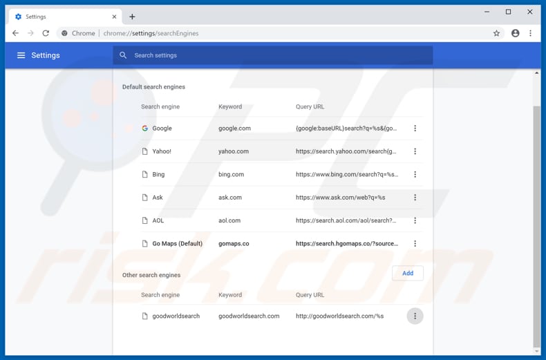 Removing search.hgomaps.co from Google Chrome default search engine