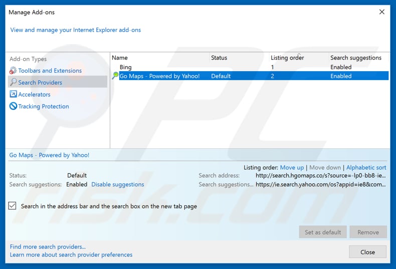 Removing search.hgomaps.co from Internet Explorer default search engine