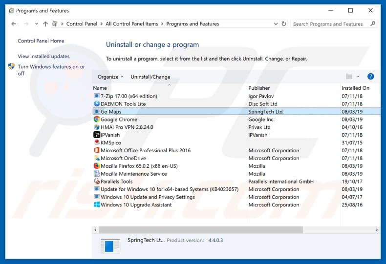search.hgomaps.co browser hijacker uninstall via Control Panel