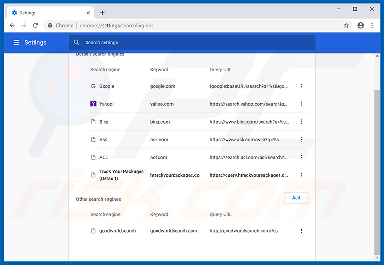 Removing search.htrackyourpackages.co from Google Chrome default search engine