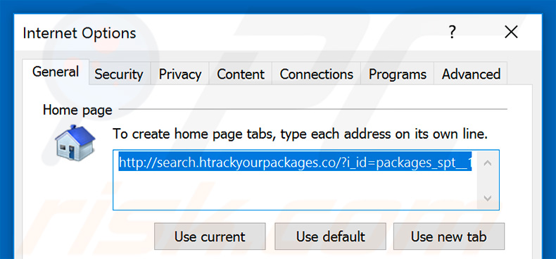Removing search.htrackyourpackages.co from Internet Explorer homepage