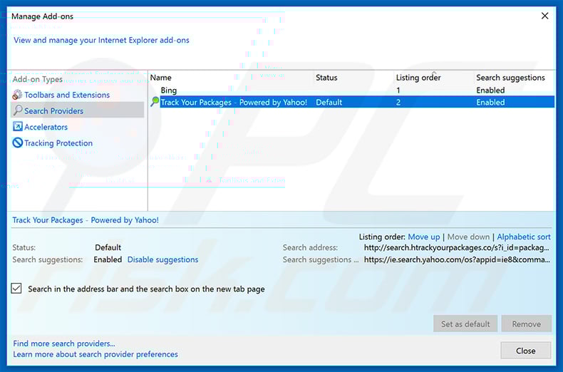 Removing search.htrackyourpackages.co from Internet Explorer default search engine