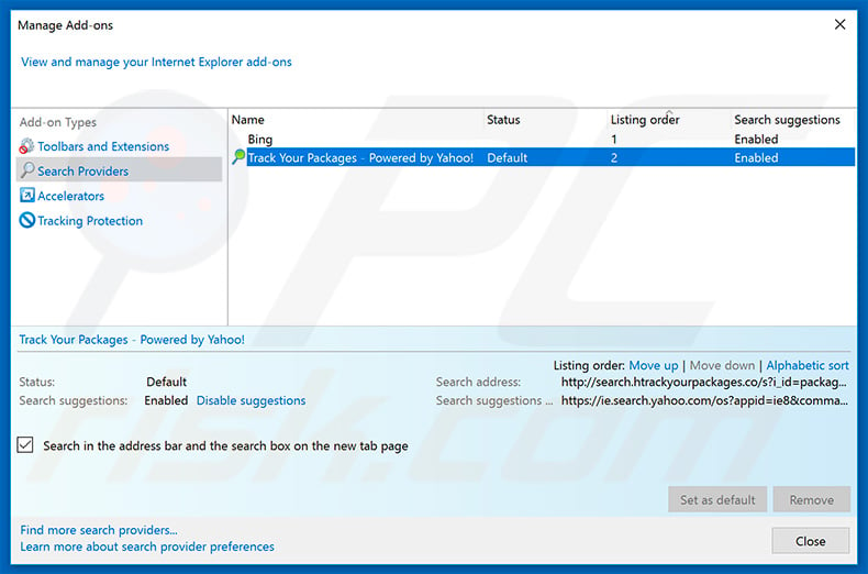 Removing search.htrackyourpackages.co from Internet Explorer default search engine