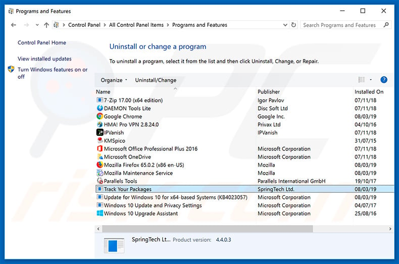 search.htrackyourpackages.co browser hijacker uninstall via Control Panel