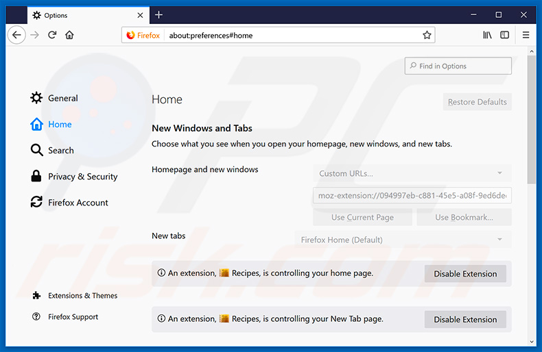 Removing search.searchrs1.com from Mozilla Firefox homepage