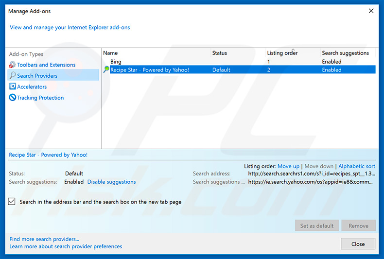 Removing search.searchrs1.com from Internet Explorer default search engine