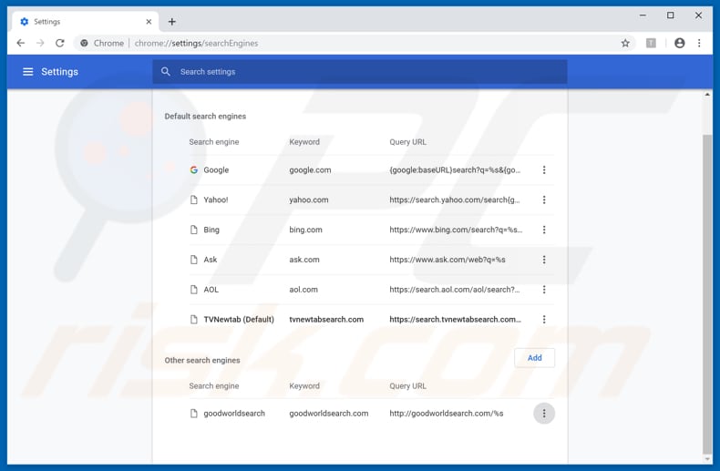 Removing search.tvnewtabsearch.com from Google Chrome default search engine