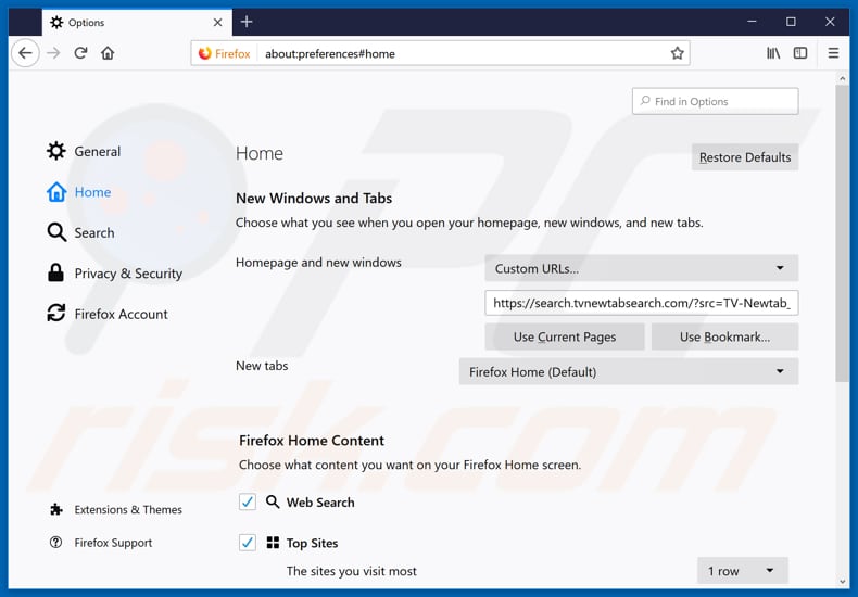 Removing search.tvnewtabsearch.com from Mozilla Firefox homepage