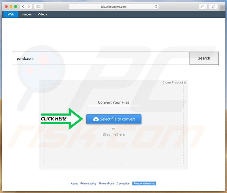 search.wizconvert.com browser hijacker on a Mac computer