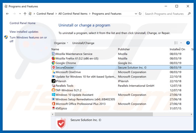 SecureDossier adware uninstall via Control Panel