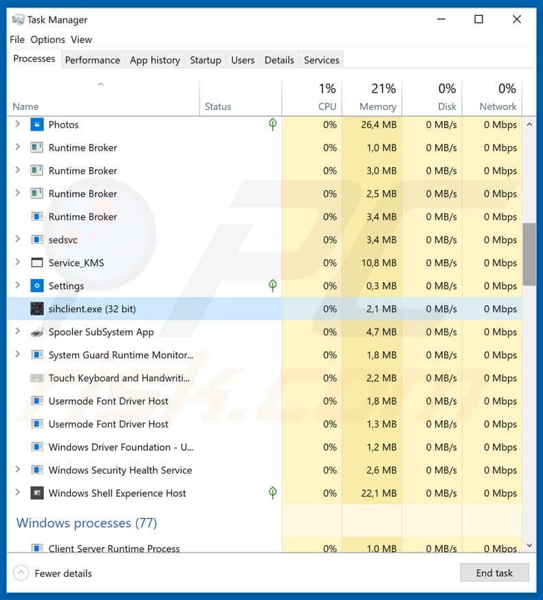 malicious sihclient.exe process running in windows task manager