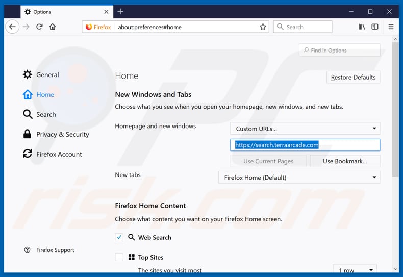 Removing search.terraarcade.com from Mozilla Firefox homepage