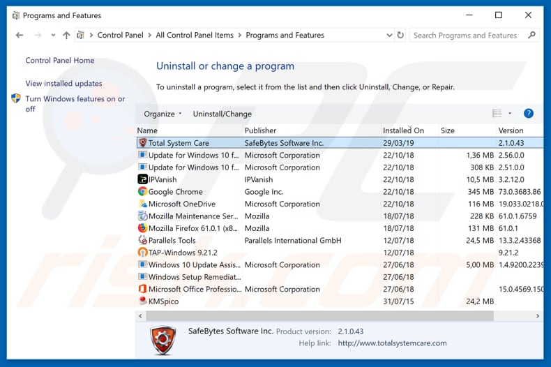 Total System Care adware uninstall via Control Panel