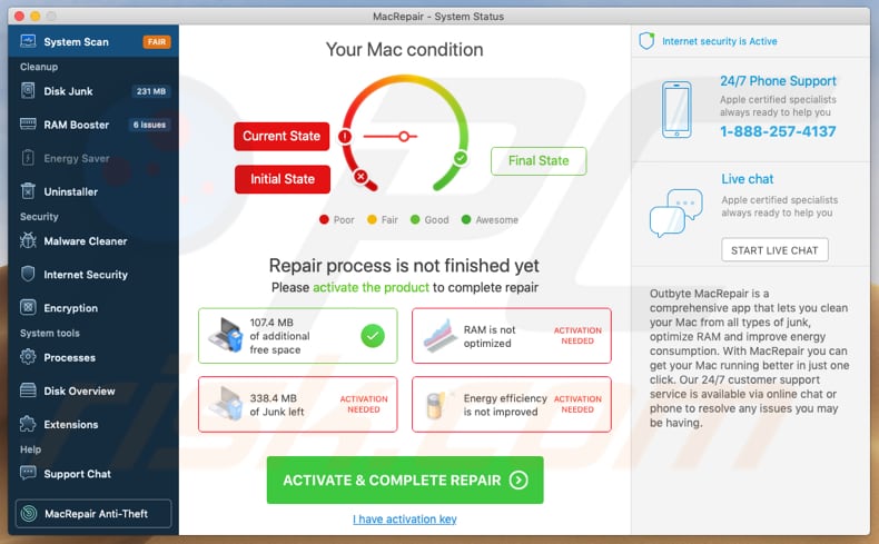 MacRepair app encourages user to purchase it