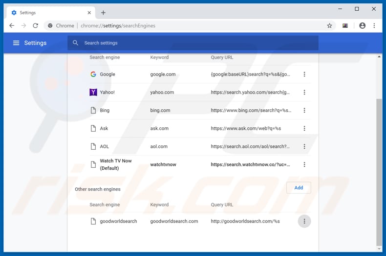 Removing search.watchtvnow.co from Google Chrome default search engine