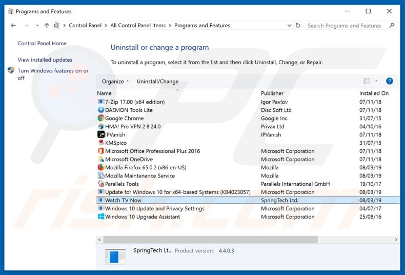 search.watchtvnow.co browser hijacker uninstall via Control Panel