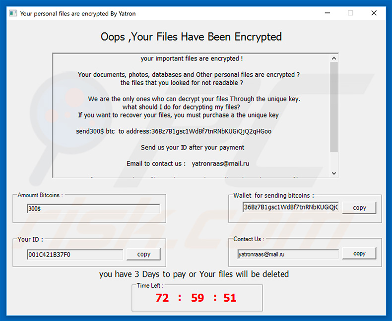 Yatron ransomware ransom note (pop-up)