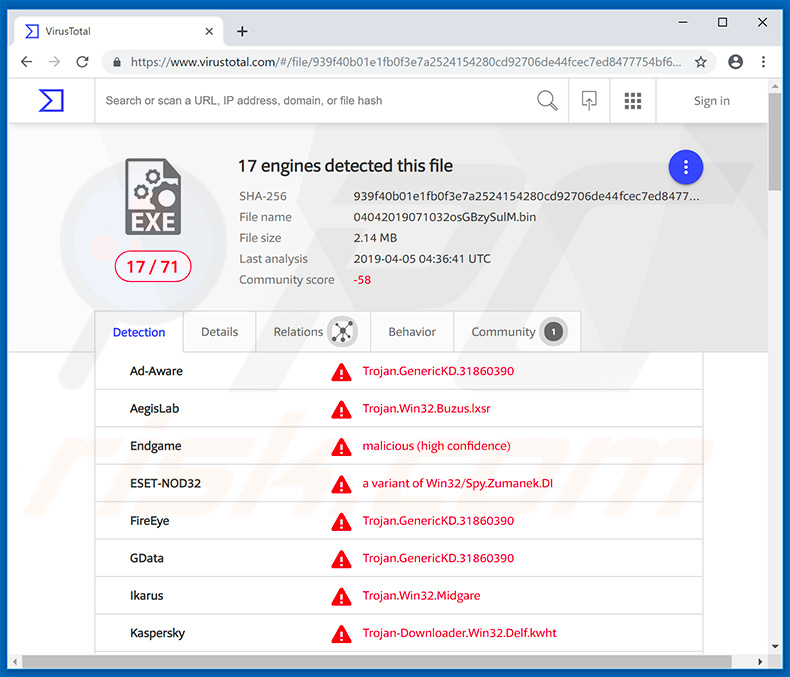 Zumanek trojan in VirusTotal