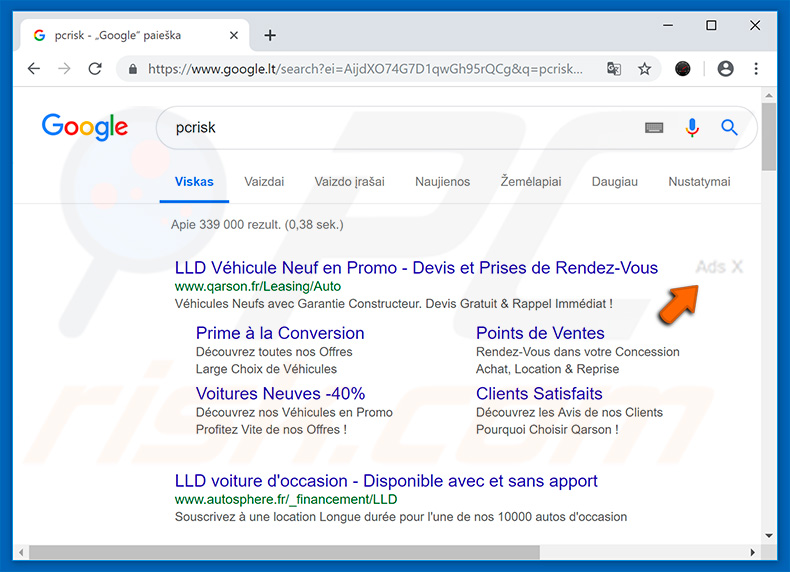 Ads X advertisements in Google search results