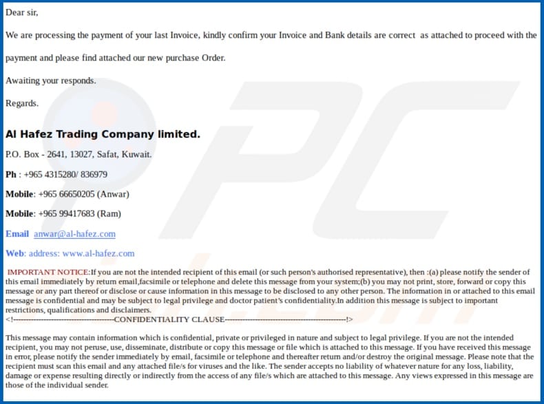 Al Hafez Trading Company Email Virus