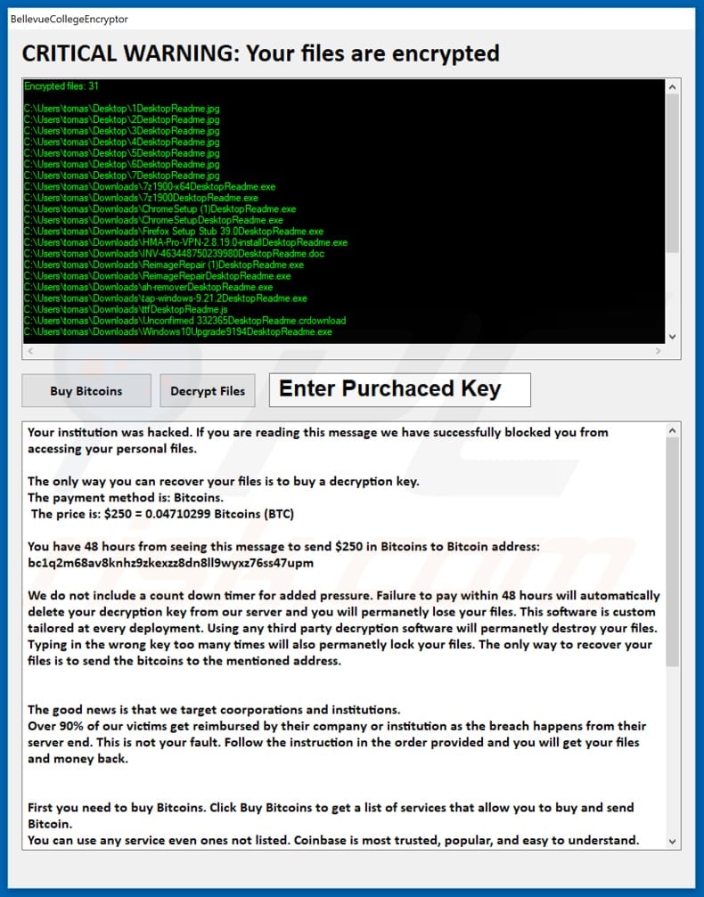 bellevuecollegeencryptor ransom note in a pop-up window