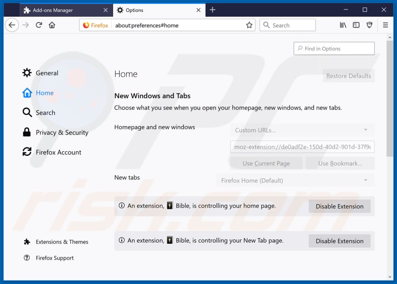 Removing search.hbible-verses.app from Mozilla Firefox homepage