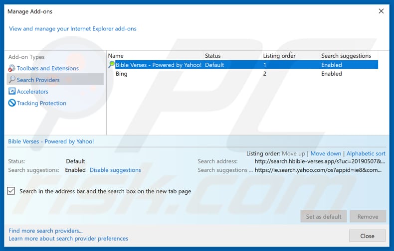 Removing search.hbible-verses.app from Internet Explorer default search engine