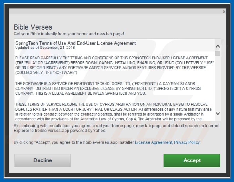Official Bible Verses browser hijacker installation setup