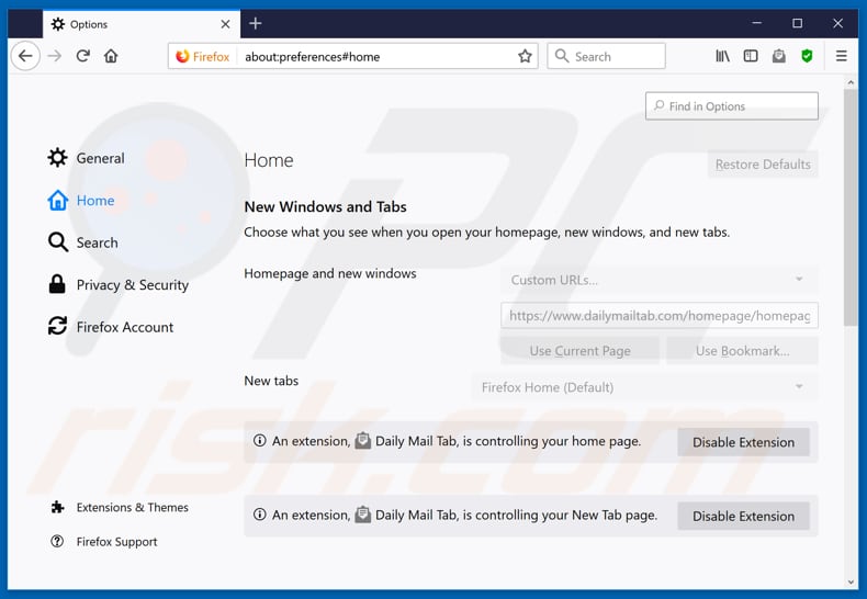 Removing dailymailtab.com from Mozilla Firefox homepage