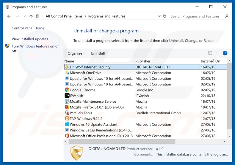 Dr. Wolf Internet Security adware uninstall via Control Panel