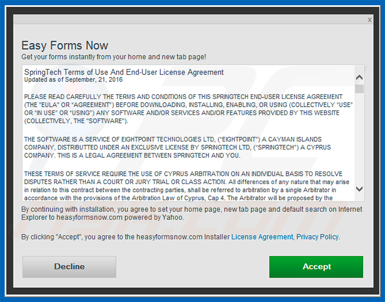 Official Easy Forms Now browser hijacker installation setup