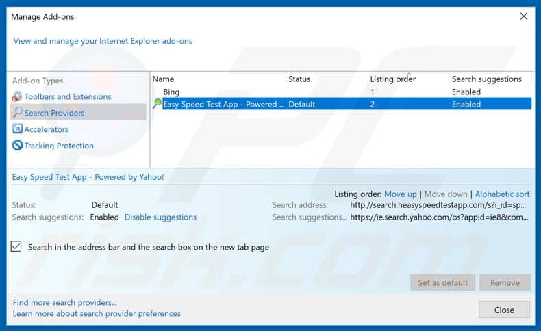 Removing search.heasyspeedtestapp.com from Internet Explorer default search engine