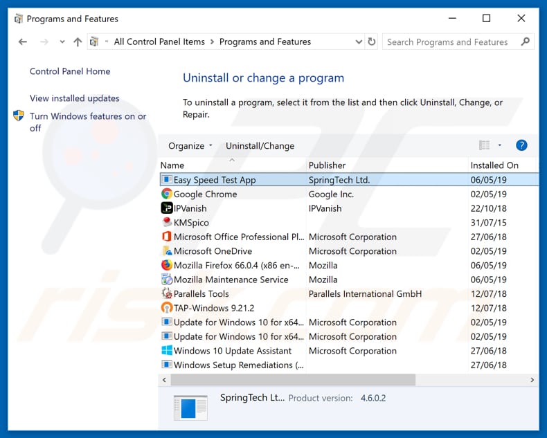 search.heasyspeedtestapp.com browser hijacker uninstall via Control Panel