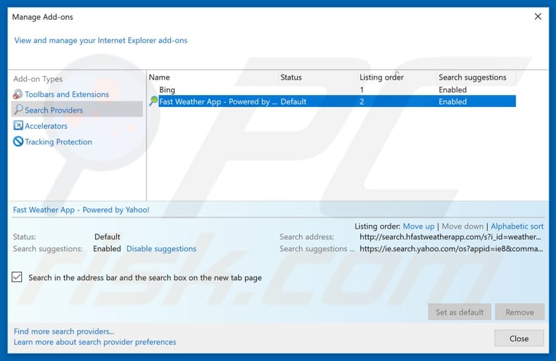Removing search.hfastweatherapp.com from Internet Explorer default search engine