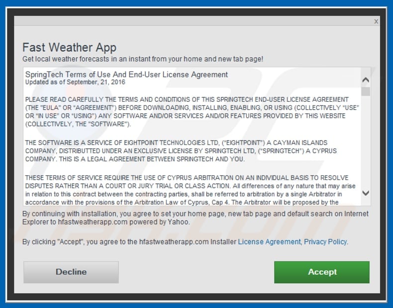 Official Fast Weather App browser hijacker installation setup