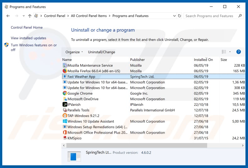 search.hfastweatherapp.com browser hijacker uninstall via Control Panel