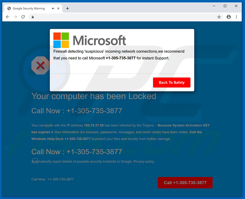 Firewall detecting suspicious incoming network connections pop-up scam