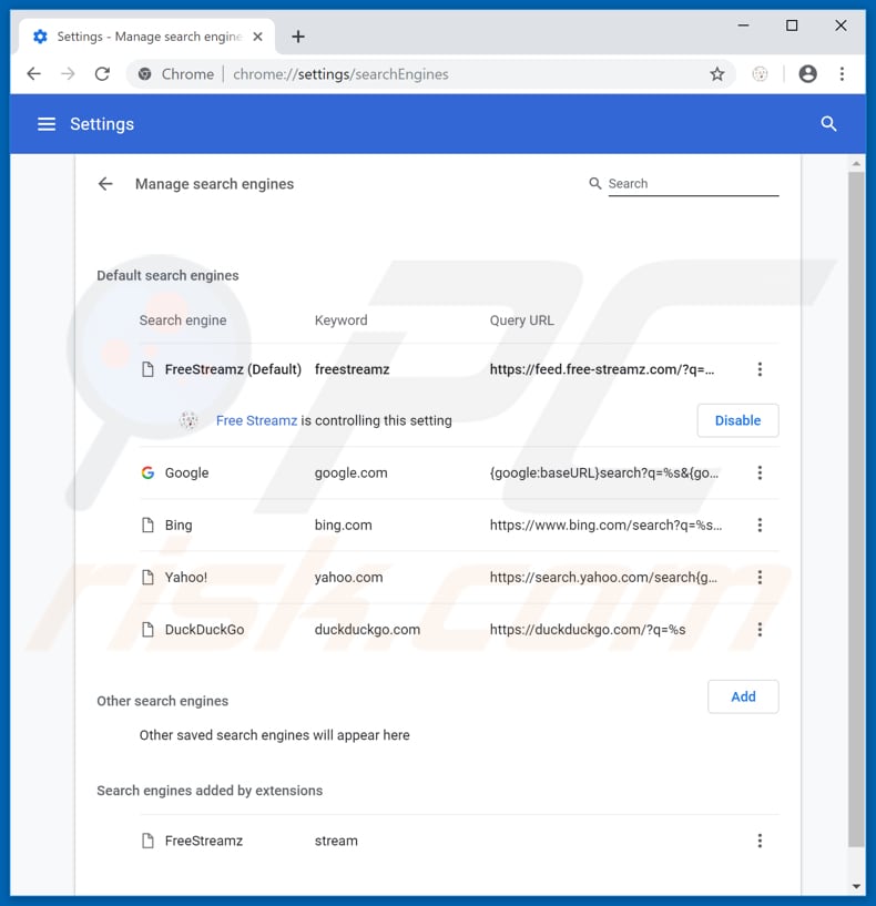 Removing feed.free-streamz.com from Google Chrome default search engine