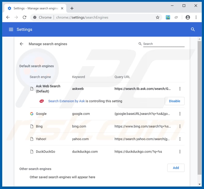 Removing hp.myway.com from Google Chrome default search engine