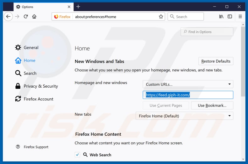 Removing feed.giph-it.com from Mozilla Firefox homepage