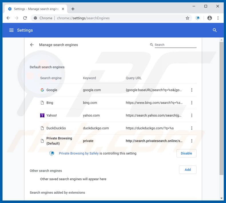 Removing gosearchsafely.com from Google Chrome default search engine