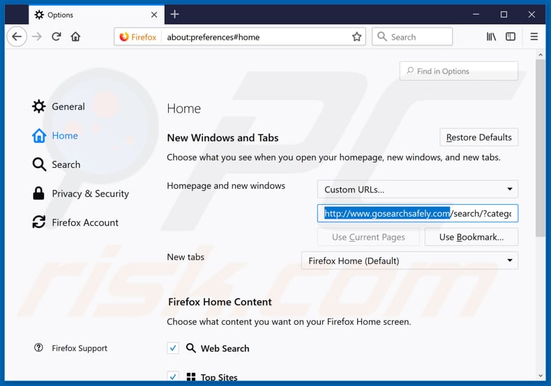 Removing gosearchsafely.com from Mozilla Firefox homepage