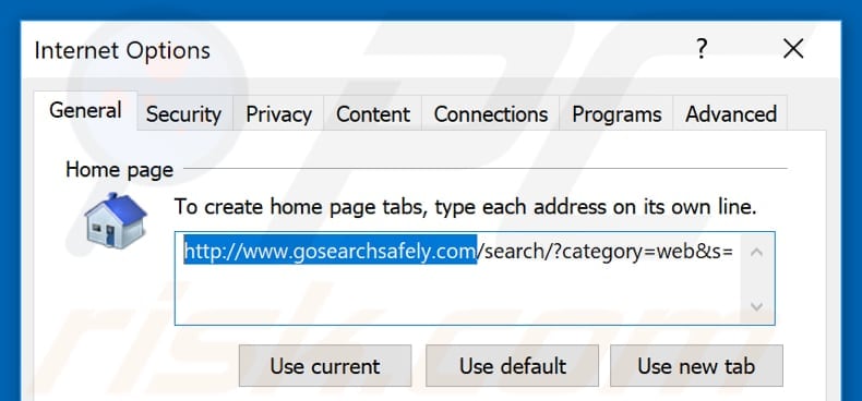 Removing gosearchsafely.com from Internet Explorer homepage