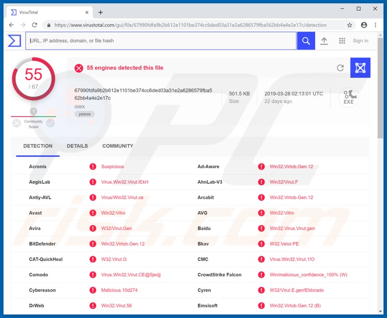 malicious gwx.exe process detected by multiple virus engines