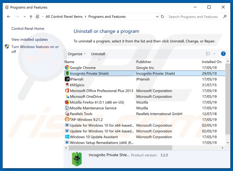 Incognito Private Shield on programs and features list