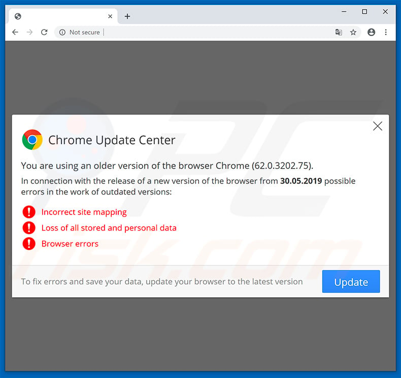 Website encouraging visitor to update Google Chrome web browser