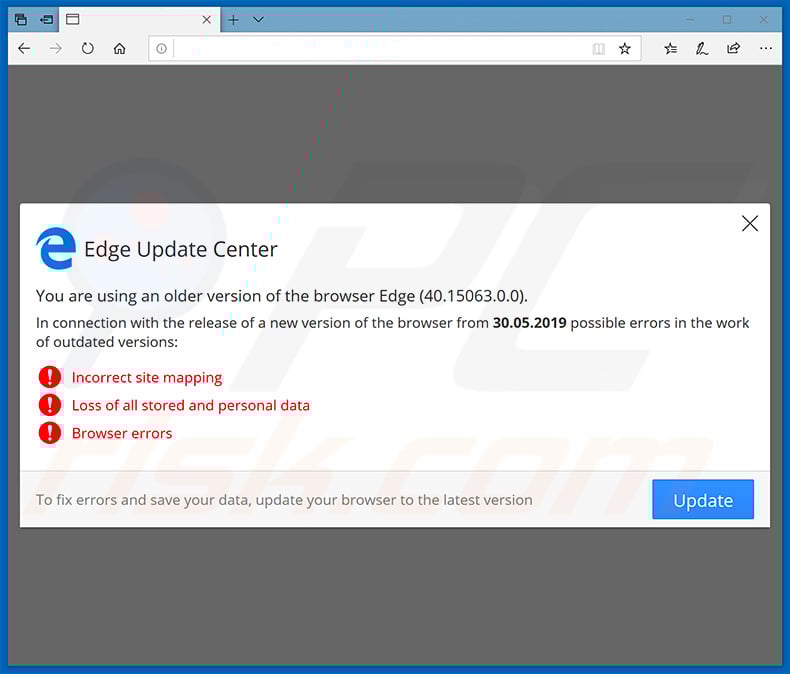 Website encouraging visitor to update Microsoft Edge web browser