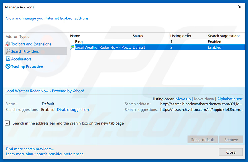 Removing search.hlocalweatherradarnow.com from Internet Explorer default search engine