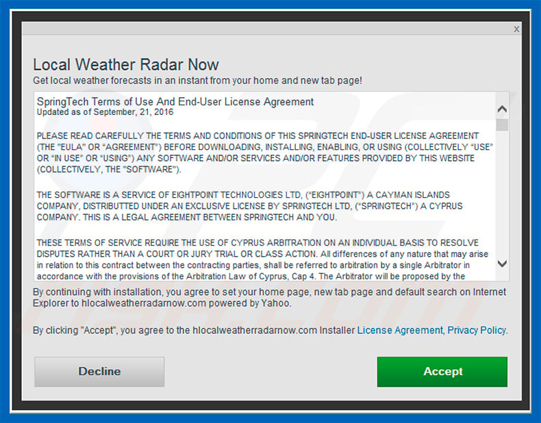 Official Local Weather Radar Now browser hijacker installation setup