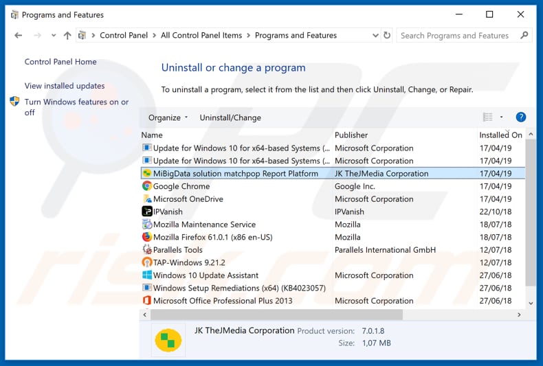 MatchPop adware uninstall via Control Panel